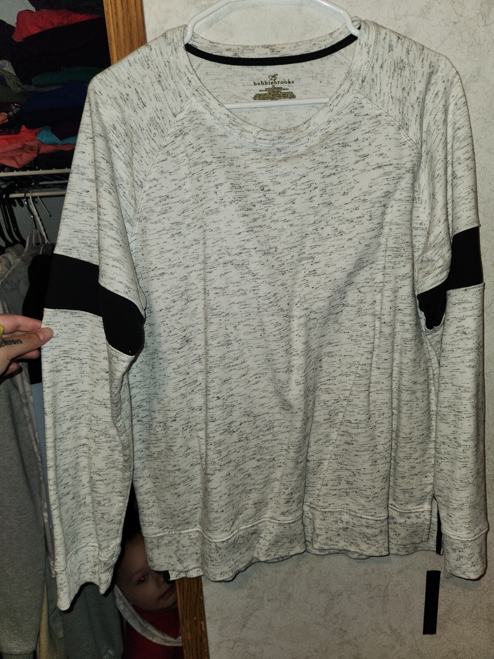 Bobbie Brooks Heathered Cream Sweatshirt with Black Arm Stripes